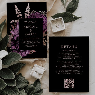Invitación Moody Dark Floral Purple Rosa Gold QR Boda de códi
