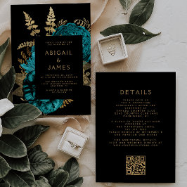 Invitación Moody Dark Floral Turquesa Oro QR Boda de código