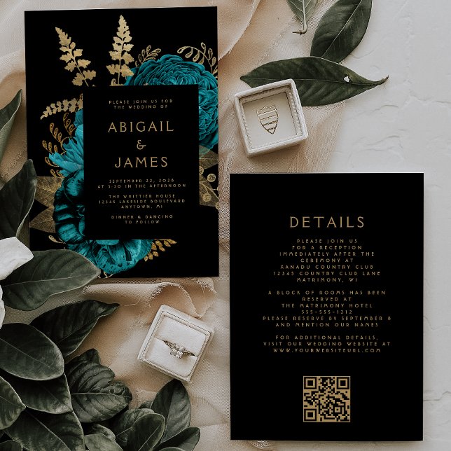 Invitación Moody Dark Floral Turquesa Oro QR Boda de código (Subido por el creador)
