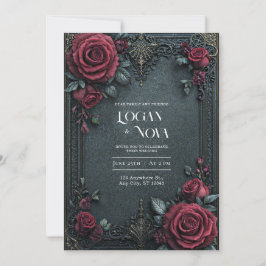 Invitación Moody Dark Gothic Burgundy Rose Ornate Wedding