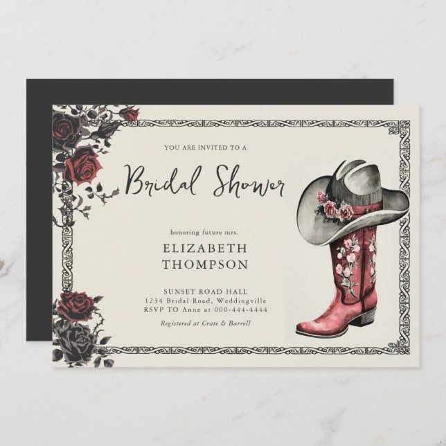 Invitación Moody Dark Gótico Rosas negros occidentales ducha  (Anverso / Reverso)