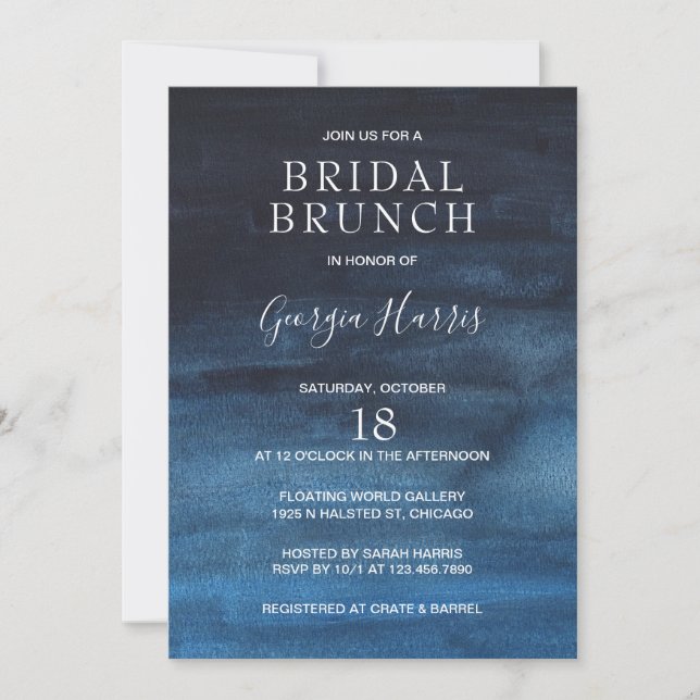 Invitación Moody Dark Navy Blue Water Wash Bridal Brunch (Anverso)