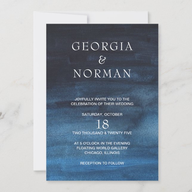 Invitación Moody Dark Navy Blue Watercolor Wash Boda (Anverso)