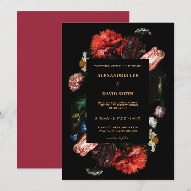 Invitación Moody Dark Red Floral Negro Personalizado Boda de  (Anverso / Reverso)