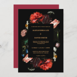 Invitación Moody Dark Red Floral Negro Personalizado Boda de