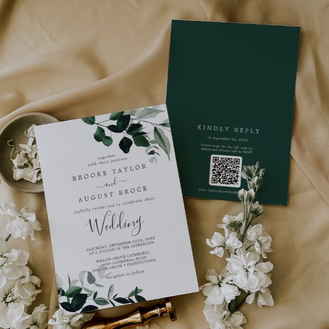 Invitación Moody de verde esmeralda deja Boda RSVP de código  (Emerald Greenery Moody Leaves QR Code RSVP Wedding Invitation)