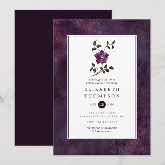 Invitación Moody Deep Plum Velvet Floral Brillante (Anverso / Reverso)
