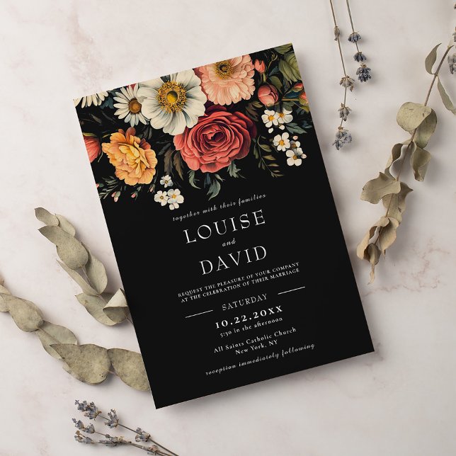 Invitación Moody Elegant Boda floral negro oscuro (Subido por el creador)
