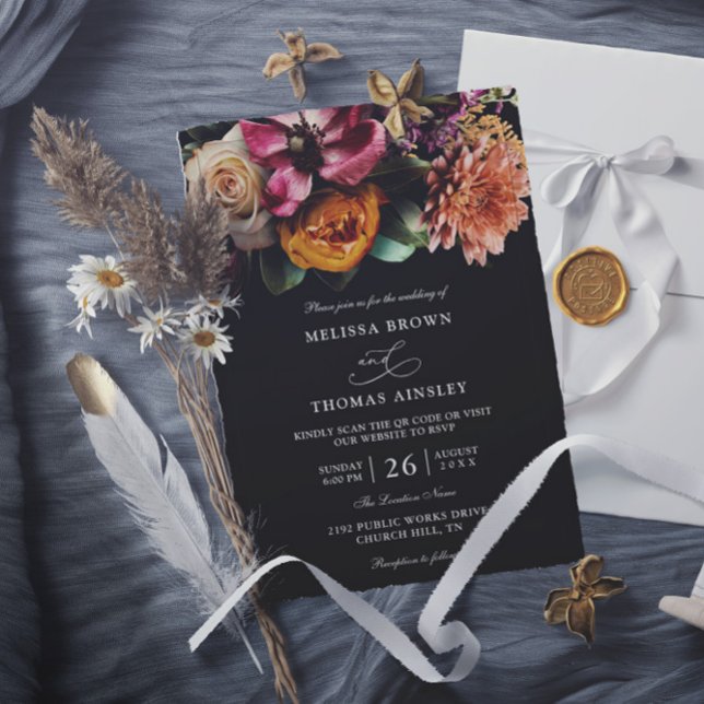 Invitación Moody Elegant Floral Dark Budget QR Code Wedding (Subido por el creador)