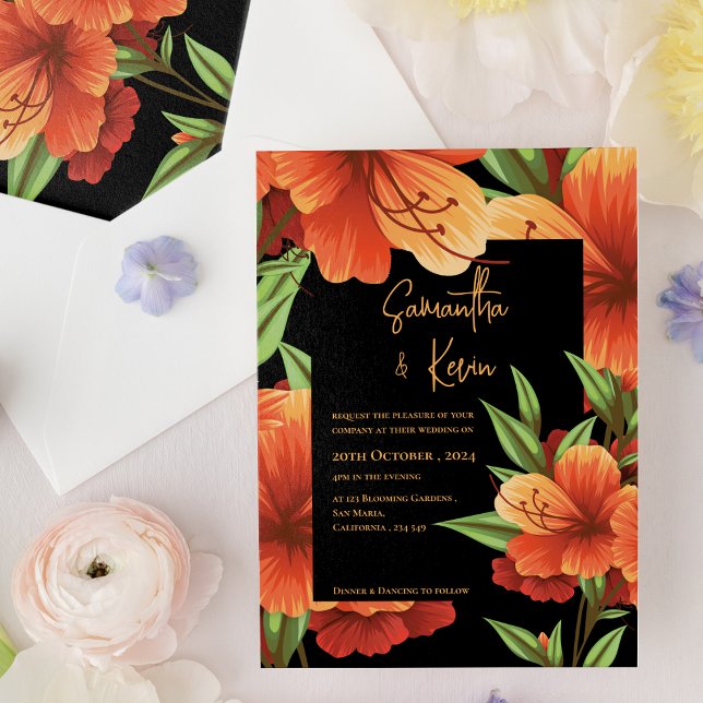 Invitación Moody Elegant Naranja Boda floral oscuro (Dark Moody Elegant Orange Floral Wedding Invitation)