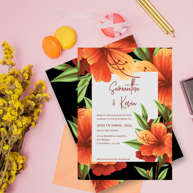 Invitación Moody Elegant Naranja Boda floral oscuro (Dark Moody Elegant Orange Floral Wedding Invitation)