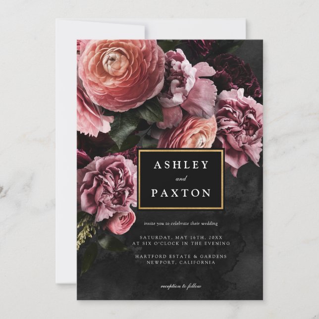Invitación Moody Elegant Pink | Floral Bouquet en negro (Anverso)
