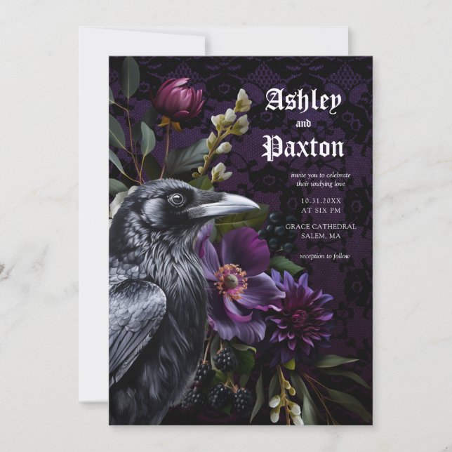 Invitación Moody Elegant Purple Gótico Garden Floral Crow