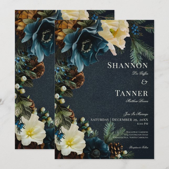 Invitación Moody Elegant Winter Blue Floral Pine Boda (Anverso / Reverso)
