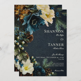 Invitación Moody Elegant Winter Blue Floral Pine Boda