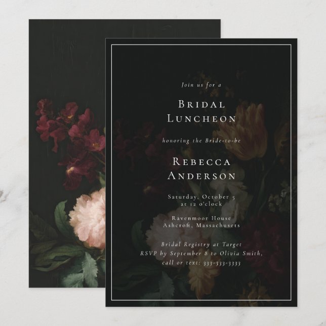 Invitación Moody Elegante Flores Oscuras Bouquet Bridal Showe (Anverso / Reverso)