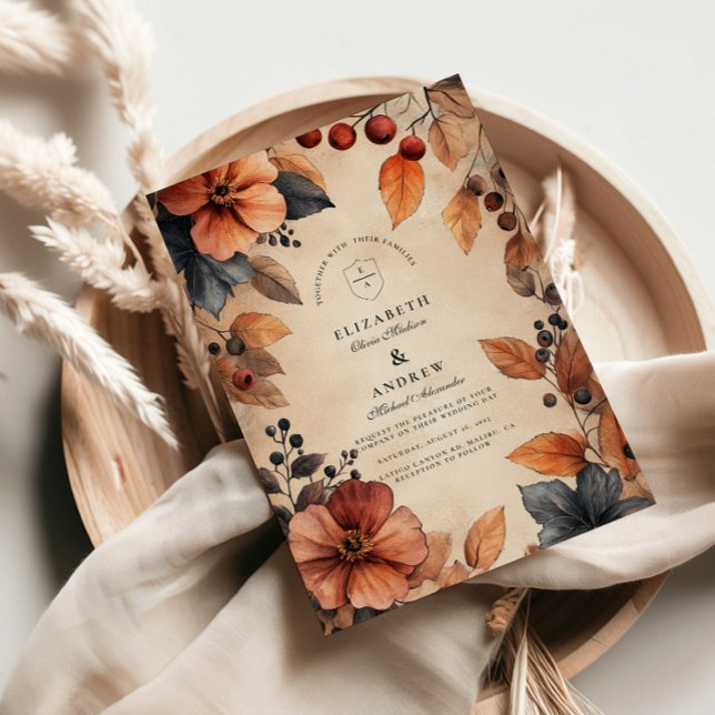 Invitación Moody Fall Boda Floral Estilo de cosecha (Subido por el creador)