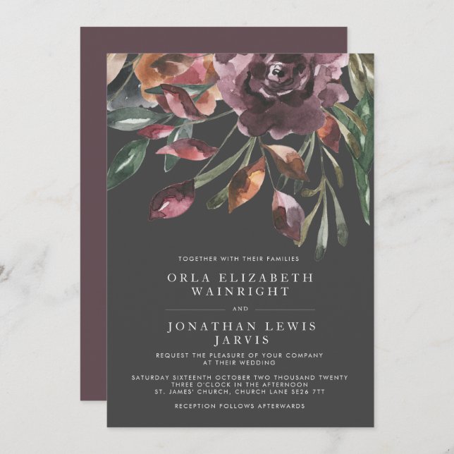Invitación Moody Fall Floral Burst Purple Boda (Anverso / Reverso)