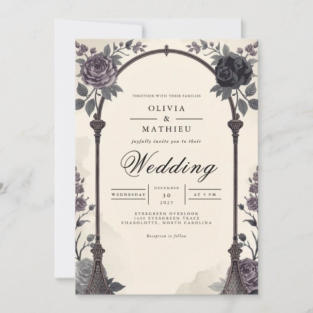 Invitación Moody Floral Arch Romance Boda (Anverso)