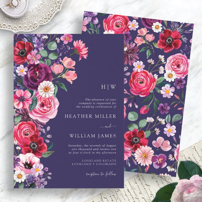 Invitación Moody Floral Boda (Moody Navy Blue Floral Wedding Invitation Monogrammed by Painted Paperie
)
