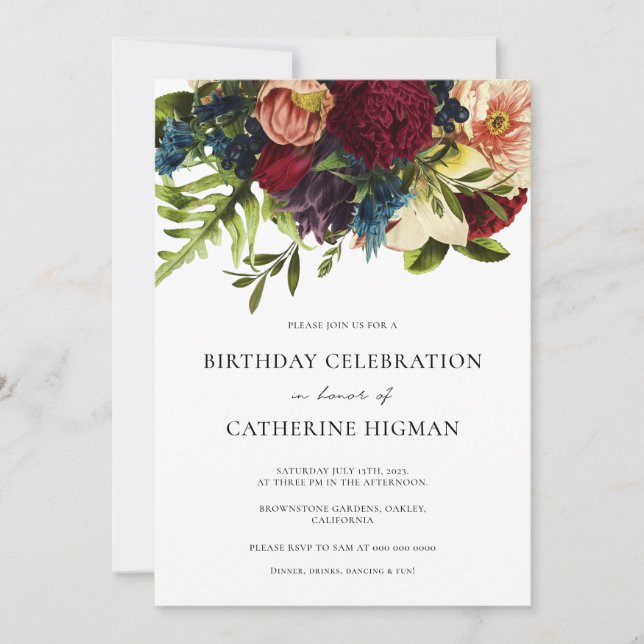 Invitación Moody Floral Burgundy Cumpleaños (Anverso)