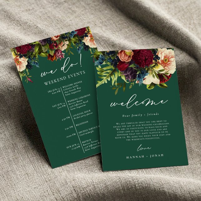 Invitación Moody Floral Emerald Boda Welcome Bag card (Subido por el creador)