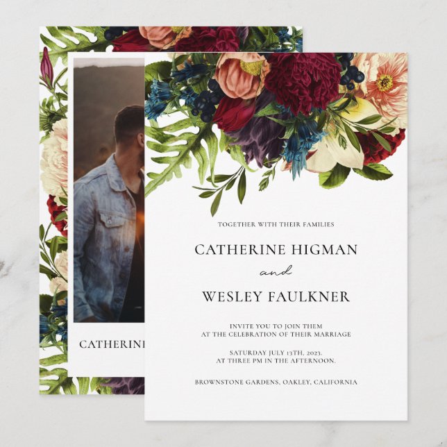 Invitación Moody Floral Foto Boda de Borgoña (Anverso / Reverso)