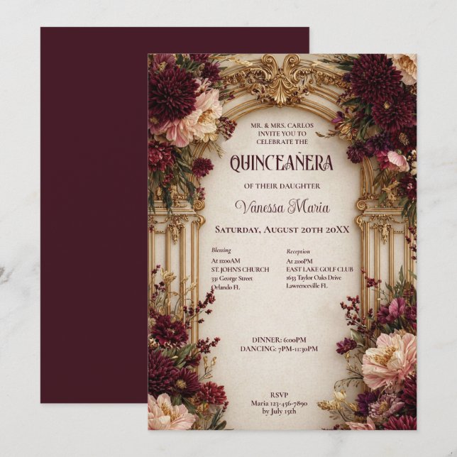Invitación Moody Floral Gothic Quinceañera (Anverso / Reverso)