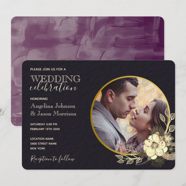 Invitación Moody Floral Purple Gold Boda negro (Anverso / Reverso)
