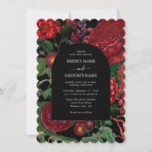 Invitación Moody Florals Black Arch Burgundy Boda rojo