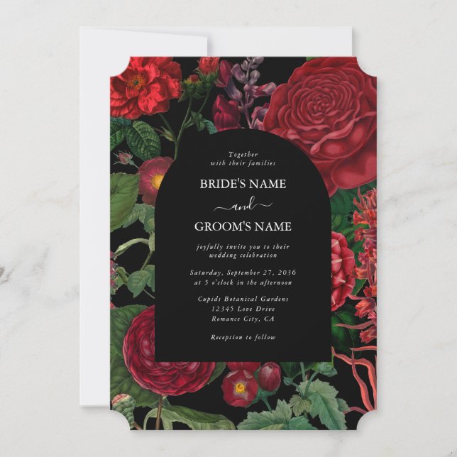 Invitación Moody Florals Black Arch Burgundy Boda rojo (Anverso)