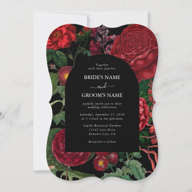 Invitación Moody Florals Black Arch Burgundy Boda rojo (Anverso)