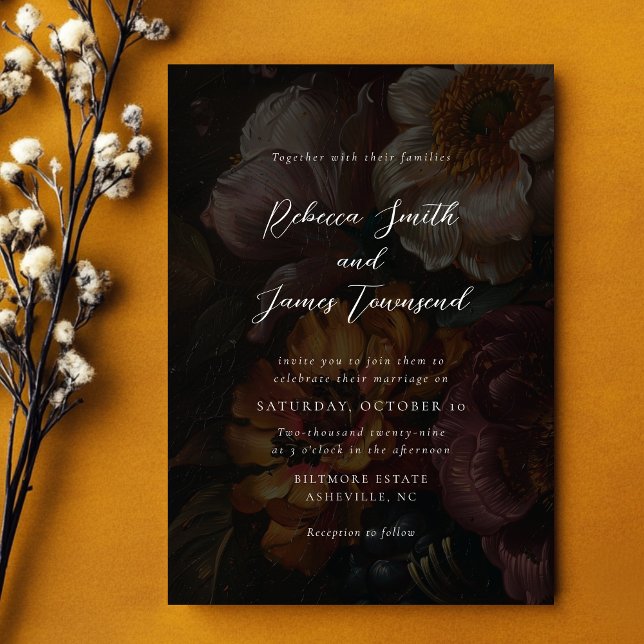 Invitación Moody Florals Dark Boda de caligrafía botánica (Subido por el creador)