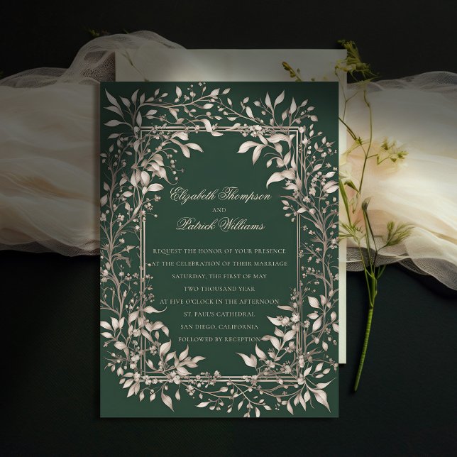 Invitación Moody Forest Boda clásico de la Esmeralda Botánica (moody forest wedding invitation botanical frame dark green vintage elegant classic traditional )