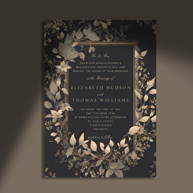 Invitación Moody Forest Boda de Patina Botánica Clásica Gold (moody forest wedding invitation botanical frame black gold vintage elegant classic traditional paren)