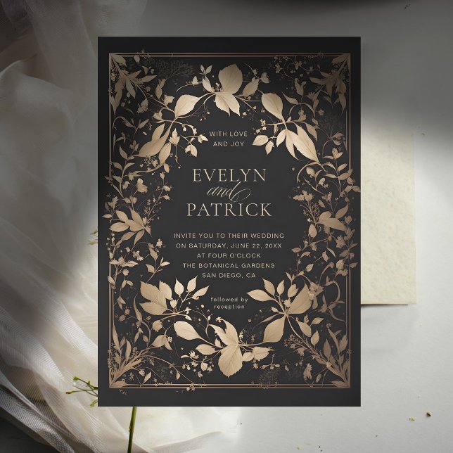 Invitación Moody Forest Botanica Moderno Boda de Oro Clásico (moody forest wedding invitation botanical frame dark gold elegant modern classic woodland fairy)