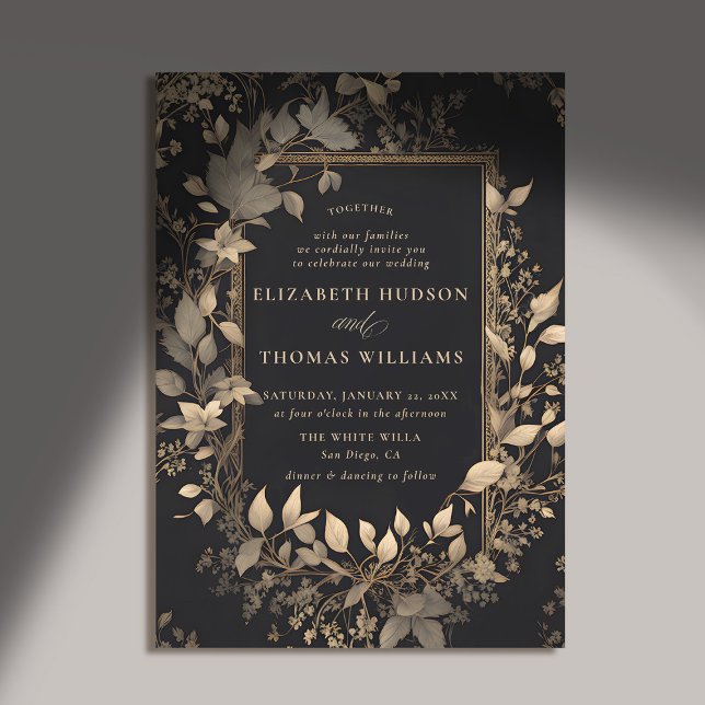 Invitación Moody Forest Lush Botanical Gold Patina Boda (moody forest wedding invitation botanical frame black gold vintage elegant classic traditional)