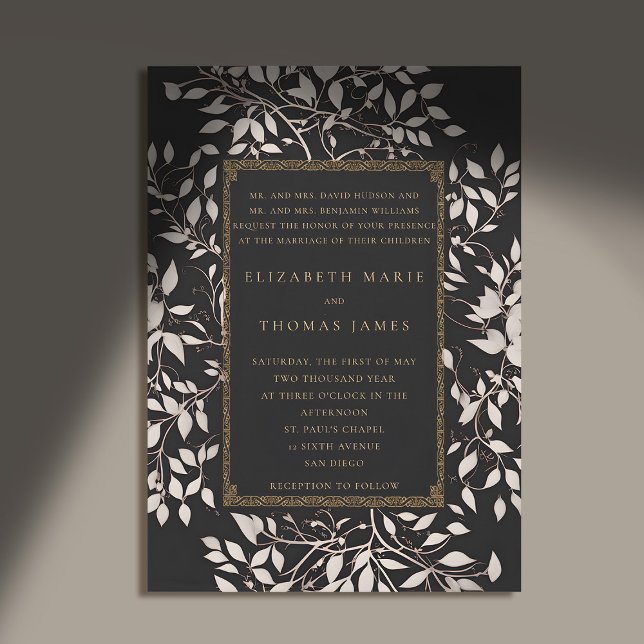 Invitación Moody Forest Patina Boda clásico tradicional (moody forest wedding invitation botanical frame black white gold elegant classic traditional parents)