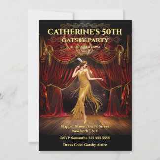Invitación Moody Gatsby Red Gold 50th Birthday Invite