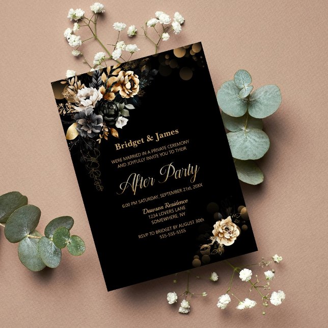 Invitación Moody Gold Floral Black Boda Después Del Fiesta (Subido por el creador)