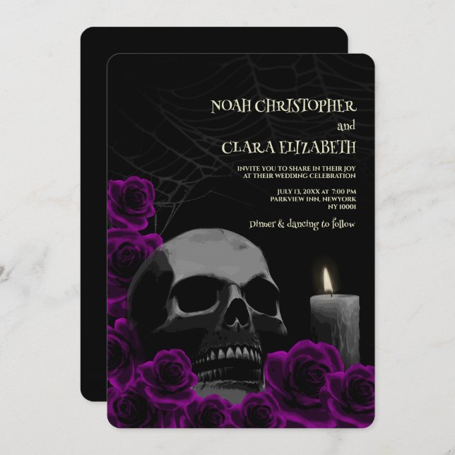 Invitación Moody Gothic Black Purple Rosas Halloween Skull (Anverso / Reverso)