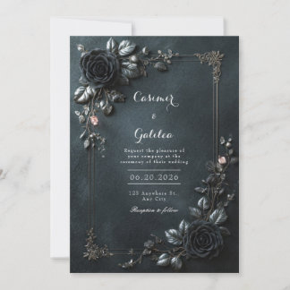 Invitación Moody Gothic Black Rose Floral Frame Wedding