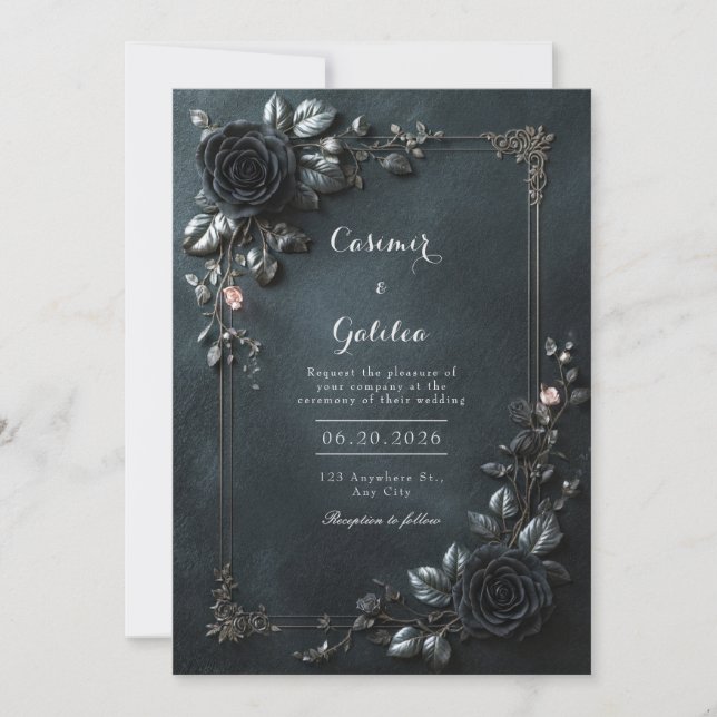 Invitación Moody Gothic Black Rose Floral Frame Wedding (Anverso)