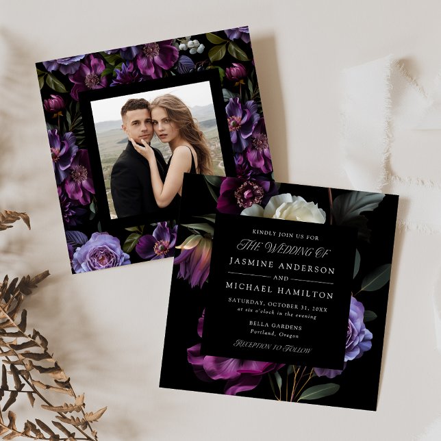 Invitación Moody Gothic Floral Square Photo Boda (Subido por el creador)