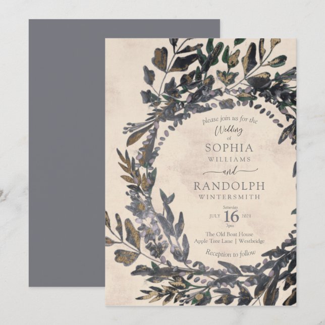 Invitación Moody Gothic Floral Wreath acero gris oro (Anverso / Reverso)