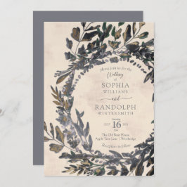 Invitación Moody Gothic Floral Wreath acero gris oro