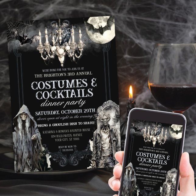 Invitación Moody Gothic Halloween Costume Fiesta de cócteles (Moody Gothic Costumes and Cocktails Halloween Party Invitations for Adults)