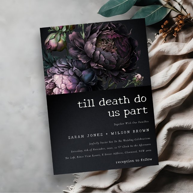Invitación Moody Gothic Oscuro Púrpura Negro Peony Boda (Subido por el creador)