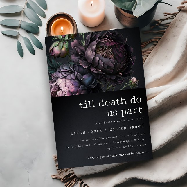 Invitación Moody Gothic Purple Black Peony Engagement (Subido por el creador)