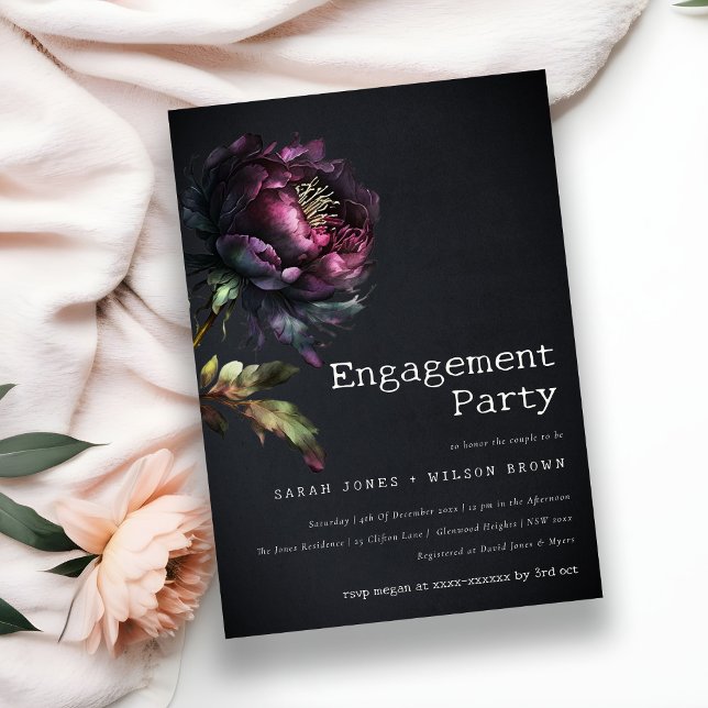 Invitación Moody Gothic Purple Black Peony Engagement (Subido por el creador)
